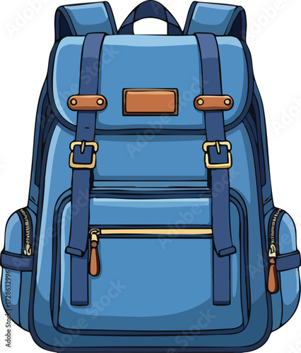 Blue backpack with straps and pockets sitting on white surface, ready for travel and adventure. in a professional setting with great clarity.