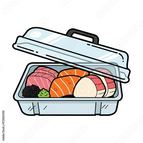 Fresh Sashimi Platter in Takeout Container with Wasabi and Roe Illustration