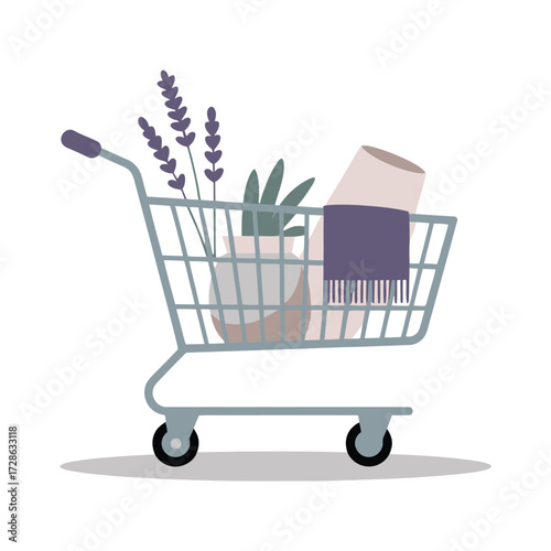 Shopping Cart Flat Style Illustration With Various Goods: Lavender, Plant Pot, And Scarf, Modern Retail Concept