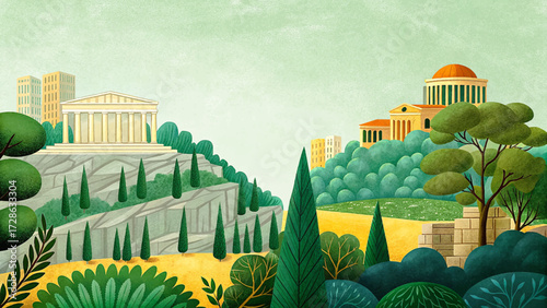 Athens skyline with Acropolis, Parthenon, and ancient ruins, representing Greek culture, history, and world travel landmark