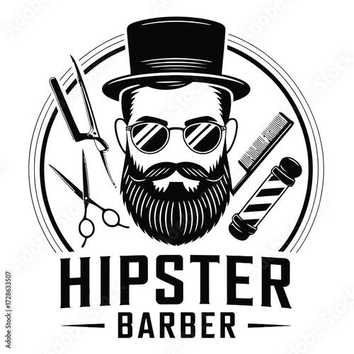 Hipster Barber Logo: Man with Beard, Hat, Sunglasses, and Barber Tools, Barbershop Emblem