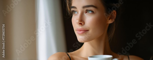 Sunset glow photography Portrait of a Woman Enjoying a Tranquil Moment with Coffee for radiant beauty concepts