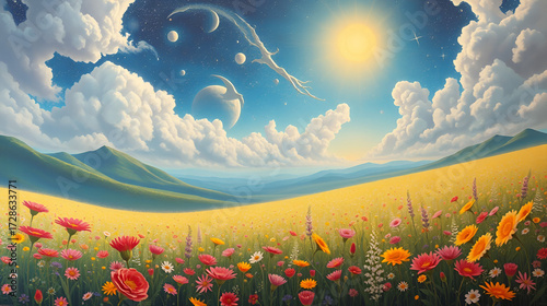 A dreamlike surreal landscape painting showcasing a vast boundless meadow of vibrant otherworldly flowers blossoming under a serene celestial backdrop rendered with a soft