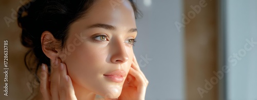 Sunset glow photography Close-Up Portrait of a Thoughtful Woman in Natural Light for radiant beauty concepts