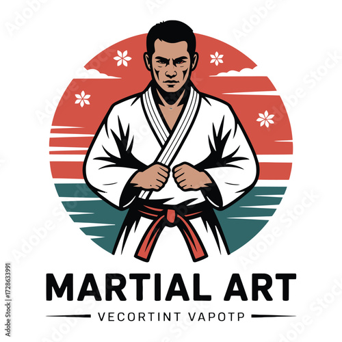 Martial artist logo in fighting stance with red belt, cherry blossoms, and sun background, Asian combat sport concept