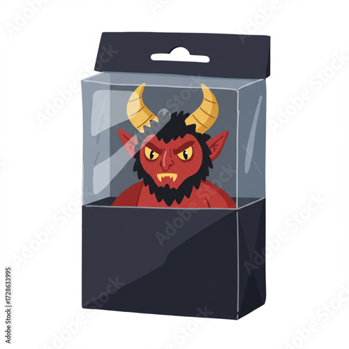 Creative illustration of a demonic toy figure in a retail box