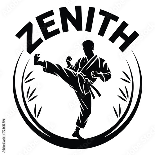 Zenith logo featuring a martial artist performing a high kick within a circular frame with foliage elements