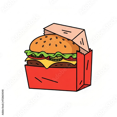Cartoon hamburger in a red paper box illustration, a delicious meal
