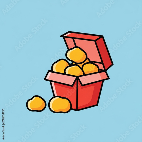 A cartoon illustration of a red box overflowing with golden brown food items