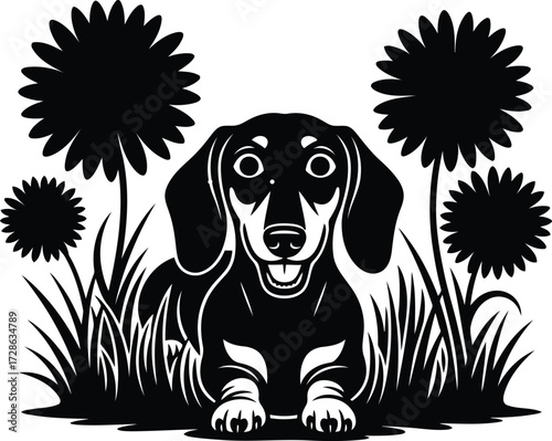 Vector art of cute dachshund sitting in a field of dandelions