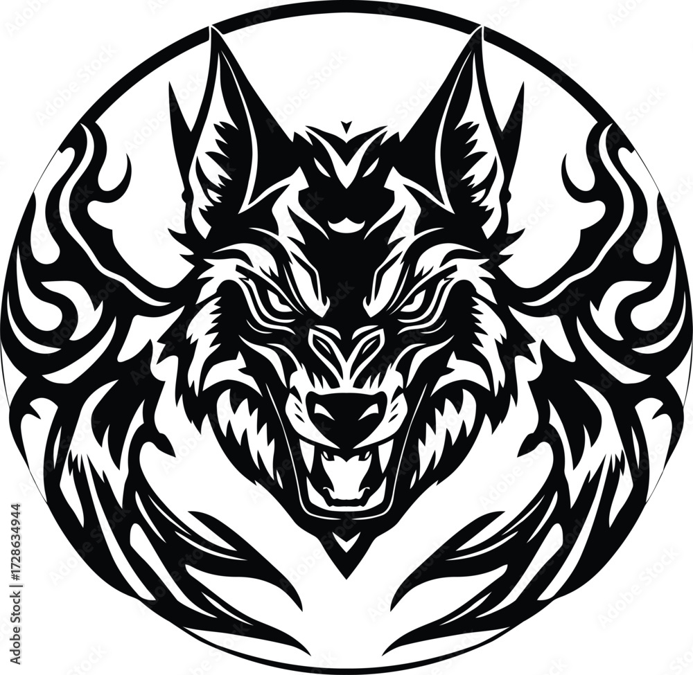 Obraz premium Vector art of angry wolf head with flames vector illustration