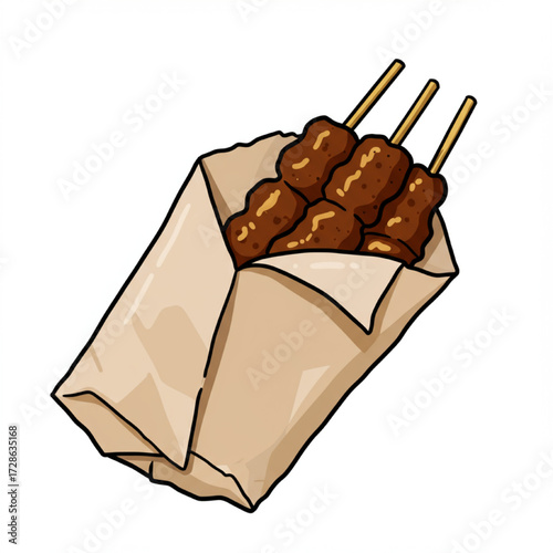 Delicious Satay Skewers in a Takeout Paper Bag Illustration