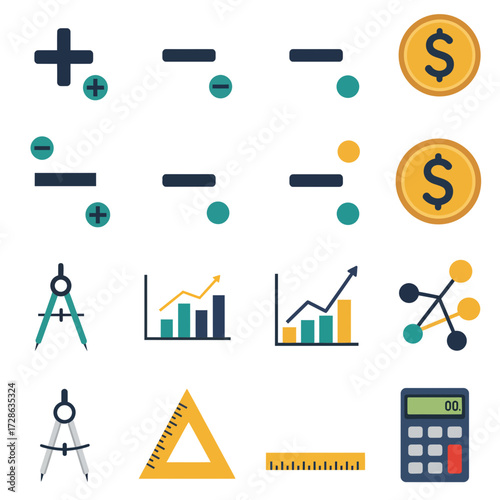 A grid of 16 flat design icons related to math finance and measurement tools