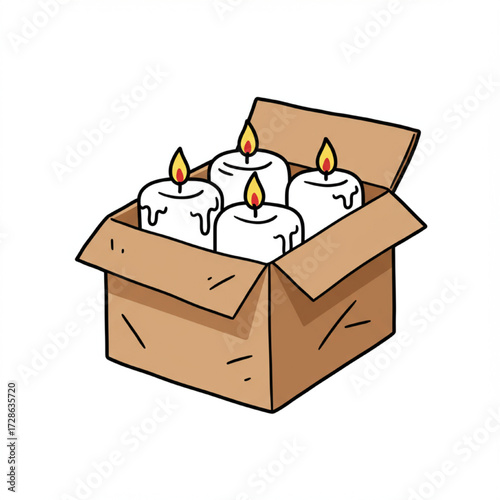 Cartoon illustration of four white burning wax candles packed inside an open cardboard box