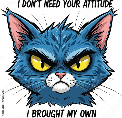 Vector art of angry blue cat face with funny quote