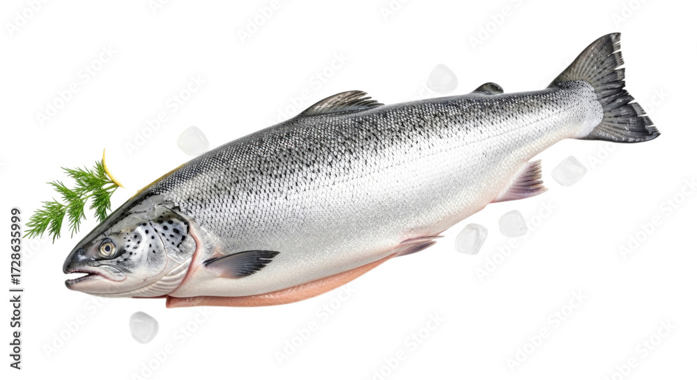 Naklejka premium Whole fresh salmon fish on ice isolated on white background cutout transparent png