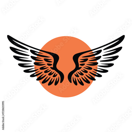 Pair of Stylized Black Wings Over Orange Circle Background for Logo or Emblem