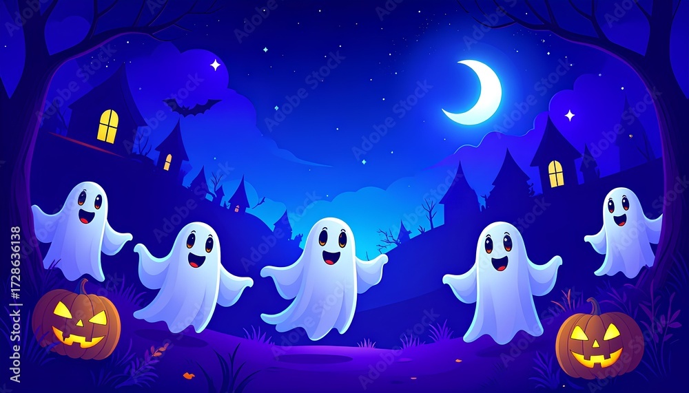 Fototapeta premium cartoon illustration of Halloween night background with cute ghost