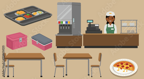 Cafeteria equipment service counter tables chairs food and storage boxes