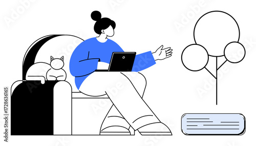 Woman sitting on couch holding a laptop, gesturing while communicating. A cat rests beside her, with outdoor greenery and air conditioner for comfort. Ideal for remote work, home lifestyle