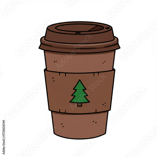 Warm beverage served in a festive disposable cup with a cheerful holiday tree emblem design