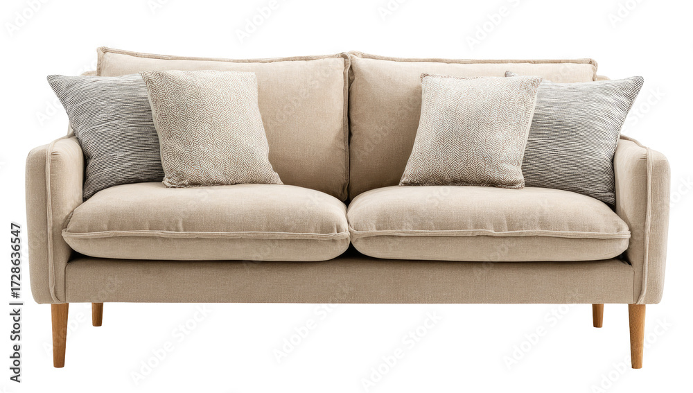 Fototapeta premium Light beige sofa with tufted back and armrests, accented with neutral throw pillows