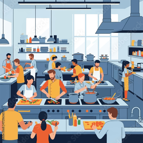 A vibrant illustration of a busy culinary school kitchen with diverse students actively engaged in cooking and learning.