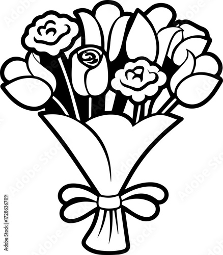 SVG vector illustration of a flower bouquet bunch.Bouquet of Flowers with Ribbon Bow in Black and White Design
