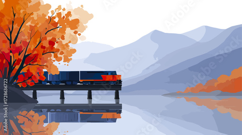Autumn train crossing a bridge over calm water