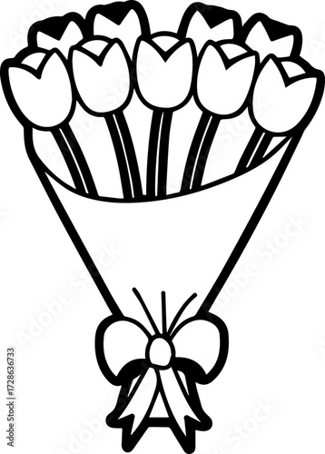 SVG vector illustration of a flower bouquet bunch.Hand-drawn Bouquet of Tulips with Bow and Ribbon