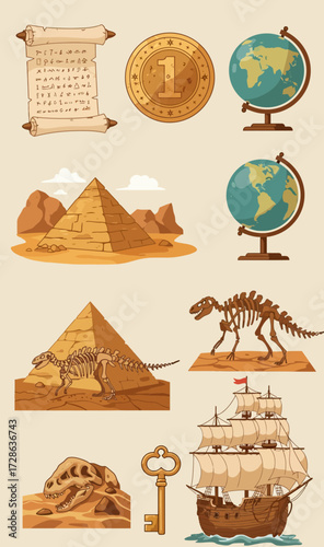 Collection of adventure and history icons scroll coin globes pyramids fossils key and ship