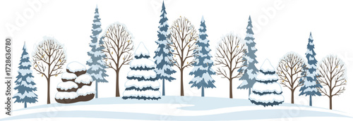 Create a kinds of deferent tree on snow ground, winter vector art with white background.