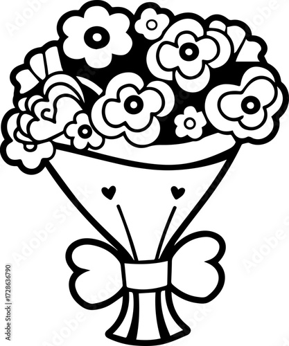 SVG vector illustration of a flower bouquet bunch.Cute Hand-Drawn Flower Bouquet with Bow Decoration