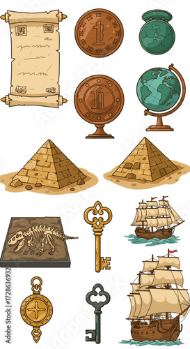 Collection of adventure and historythemed cartoon icons on white background