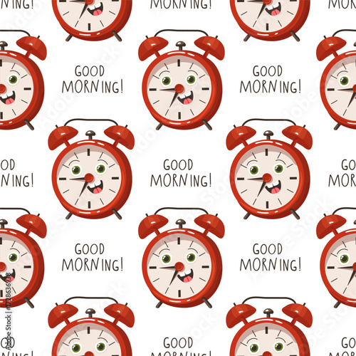 Seamless pattern with red alarm clocks and Good Morning quotes on a white background, vector illustration.