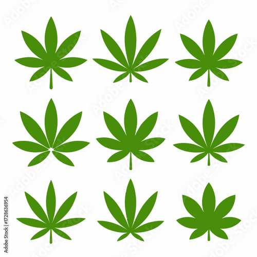 Nine Cannabis Leaves on White Background Representing Medical Marijuana and Recreational Use in a Clean Vector Illustration Style