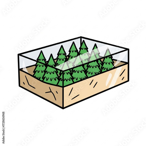 Terrarium with coniferous trees inside a rectangular glass container on a sandy base