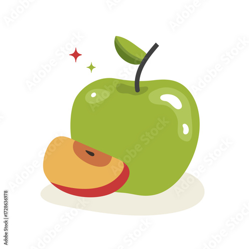 Vector illustration of a green whole apple and sliced red apple, print for children tshirt, card, poster concept.
