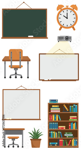 Collection of classroom furniture and teaching aids including blackboards whiteboards desks chair projector clock bookshelf