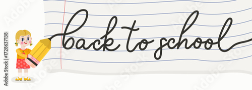 Schoolgirl writes a back to school quote on a notebook sheet, print for children card, school posters concept and invitations.