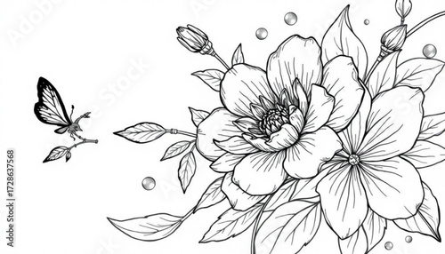 Minimilist detailed line art of flowers with a butterfly and pearl like spheres on a white background design element vector