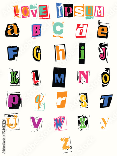Alphabet letters in various colors and styles cut out and arranged on a white background art