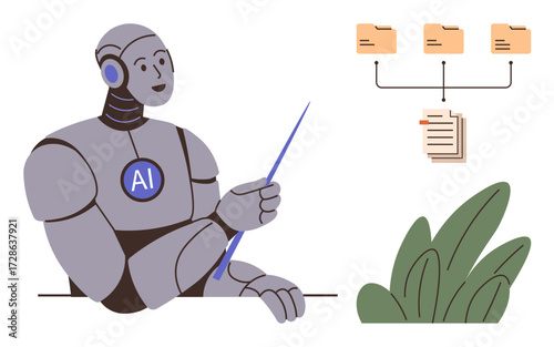Robot labeled AI holding pointer, explaining interconnected file folders and documents above greenery. Ideal for technology, AI, data analysis, automation, file management, organization, innovation