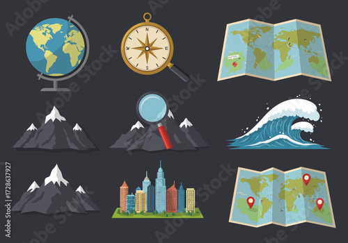 Flat design icons of geography travel and nature elements on dark gray