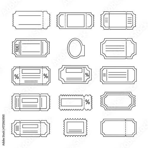 Collection of black and white ticket and coupon outline icons on white background vector