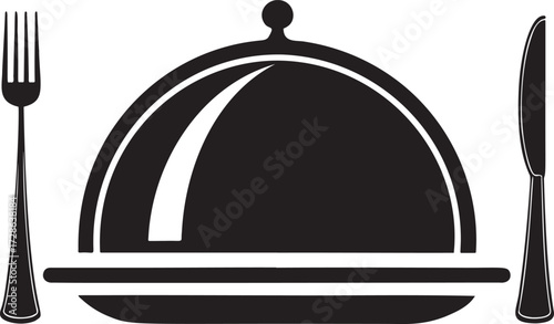 Black silhouette of a covered dish with fork and knife food dining