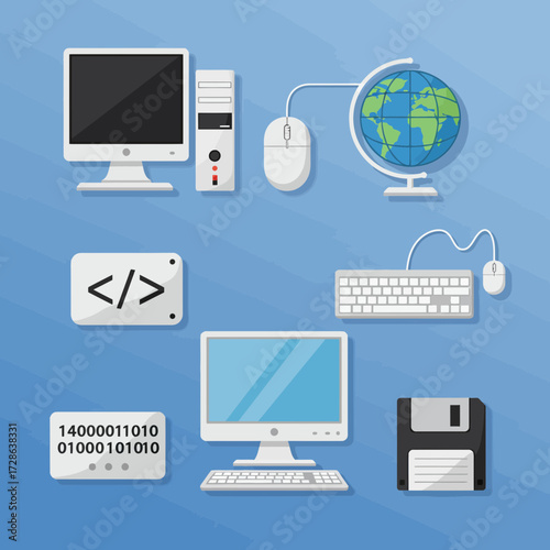 Flat illustration of various computer hardware and digital concepts on a blue background