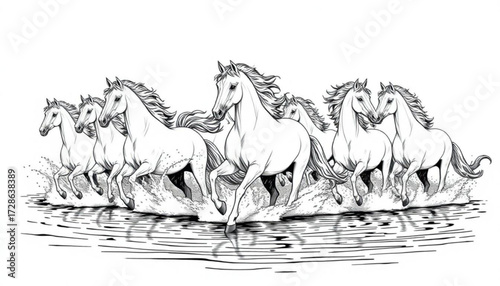 Minimilist a monochrome illustration depicts a herd of horses galloping through shallow water creating splashes and ripples vector