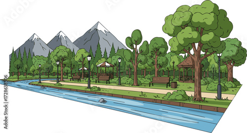 Create a kinds of deferent landscape with trees illustration, perspective, river in front of forest, park and outdoor decoration, mountain background, green park. vector art .