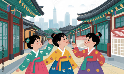 Adventurous girl exploring wearing korean hanbok